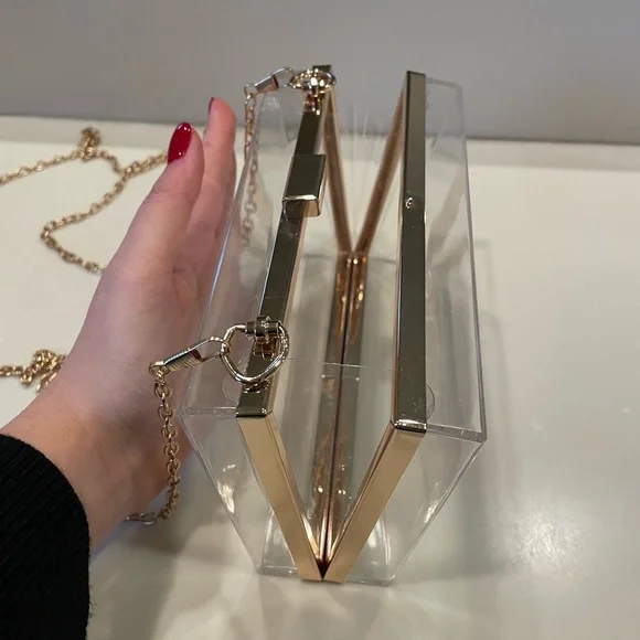 Clear Lucite Clutch With Gold Border - detachable crossbody chain - Picture 8 of 11